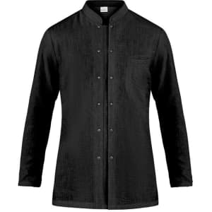A black jacket with a button-up front and a single chest pocket, featuring a logo.