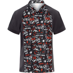A chef jacket in black featuring a vibrant, graphic design with red and white text elements and a logo.