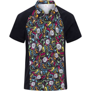 A chef jacket featuring a colourful, patterned front with black sleeves and a branded logo.