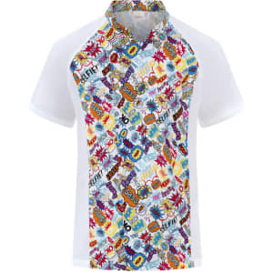 A chef jacket featuring a white base with colourful comic-style graphics and a distinctive patterned collar.