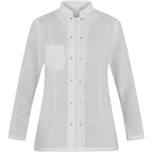 A white Alba Jacket featuring a stand collar and pearl buttons, designed for a stylish look.