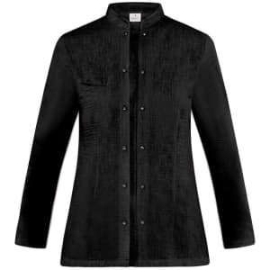 A black Alba Jacket featuring a collared design and button detailing. It has a sleek, textured finish.
