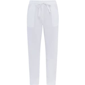 White pants with a drawstring waist and side pockets. Features a logo on the waistband.