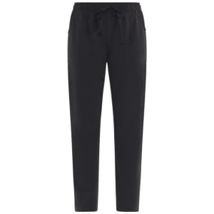 Black pants featuring an elastic waistband and drawstring, with two side pockets. The product has a logo.