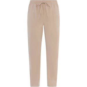Beige pants with an elastic waistband and drawstring, featuring two front pockets and a simple design.