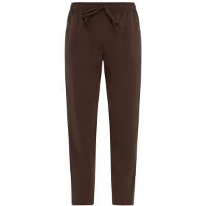 Brown pants with an elastic waistband and drawstring, featuring side pockets. Includes a logo.