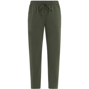 A pair of olive green pants with an elastic waistband and side pockets, featuring a logo on the waistband.