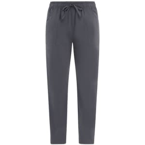 Grey casual pants with a drawstring waist and two front pockets, featuring a logo on one side.
