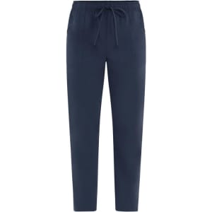 Navy blue pants with a drawstring waist and two front pockets. Features a logo on the front.
