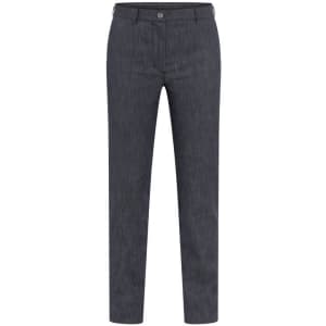 Dark grey slacks with a straight fit and a button closure, featuring a branding logo on the waistband.