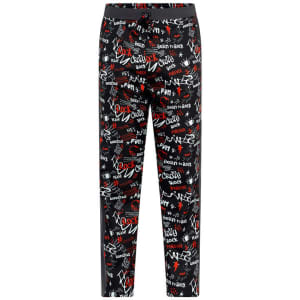 A pair of black sports shorts featuring a bold rock-themed graphic print in red and white, with an emblem on the waistband.