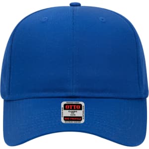 A blue 6 panel mid profile baseball cap featuring a logo at the front.