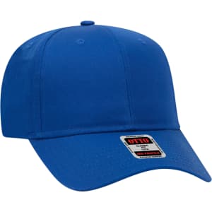 A blue 6 panel baseball cap with a curved visor and an attached branded label.