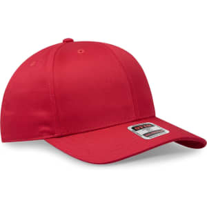 A red 6-panel mid profile baseball cap featuring a logo and a curved brim.