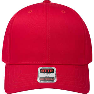 A red 6 panel mid-profile baseball cap with a structured design and an attached branded label.