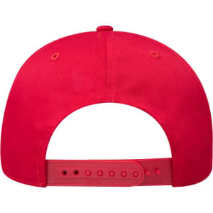 A red 6 panel mid-profile baseball cap featuring a back strap adjustment and ventilation holes.