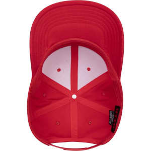 A red 6-panel mid-profile baseball cap, featuring a structured crown and a branded label inside.