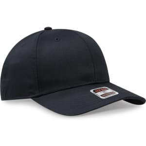 A black 6 panel mid profile baseball cap featuring a logo on the front.