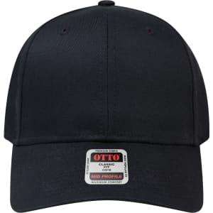 A black six-panel mid-profile baseball cap with a branded tag on the front.
