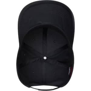 A black 6 panel mid-profile baseball cap viewed from above, featuring an interior lining and a logo.