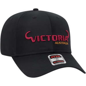 A black mid-profile baseball cap featuring an embroidered logo and a branded tag.