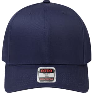 A navy blue 6-panel mid-profile baseball cap with a logo on the front.