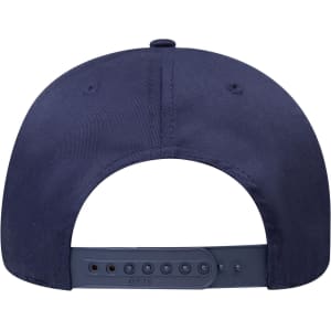 A navy blue 6 panel mid-profile baseball cap featuring an adjustable strap and a logo on the back.