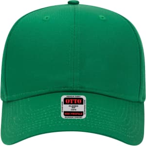 A green 6 panel mid profile baseball cap with a label on the front and a solid design.