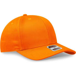 An orange 6-panel mid-profile baseball cap with a logo on the front.