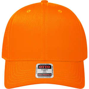 An orange 6-panel mid-profile baseball cap with a blank front and a brand label on the underside of the peak.