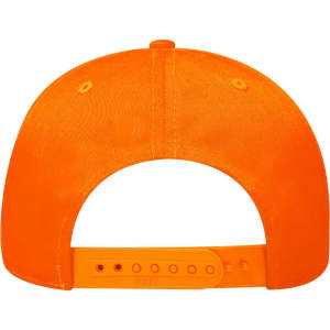 An orange 6 panel mid profile baseball cap featuring a plastic adjustable strap at the back.