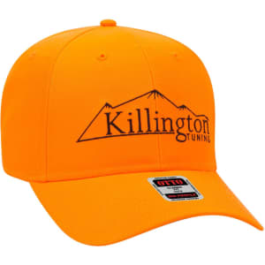 An orange 6-panel mid-profile baseball cap featuring a logo on the front and a curved brim.