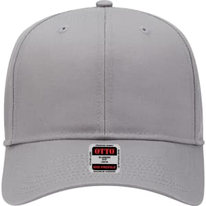 A grey 6-panel mid-profile baseball cap featuring a logo on the front.