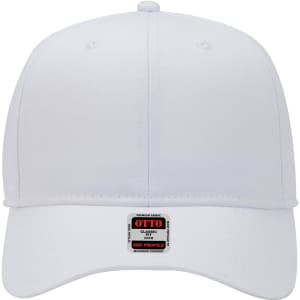 A white 6 panel mid profile baseball cap with a logo on the front and button accents at the top.