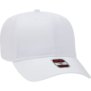 A white 6-panel baseball cap featuring a curved brim and a branding label.
