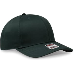 A dark green 6 panel mid-profile baseball cap with a logo on the front.