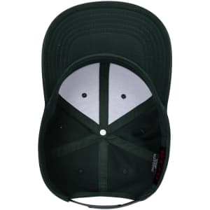 A green 6 panel mid-profile baseball cap, featuring a solid colour and an interior view showing the lining and stitching.