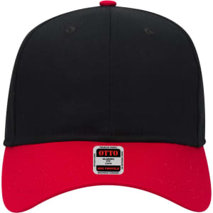 A mid-profile baseball cap in black with a red brim, featuring a logo on the front.