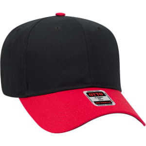 A black and red 6 panel baseball cap with a curved brim and a logo on the side.