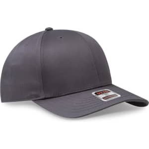 A grey 6 panel mid-profile baseball cap with a curved brim and a logo on the side.