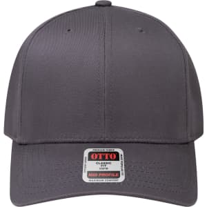 A grey 6 panel mid-profile baseball cap featuring a logo on the front.