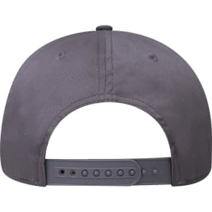 A grey 6 Panel Mid Profile Baseball Cap featuring a logo and an adjustable strap at the back.