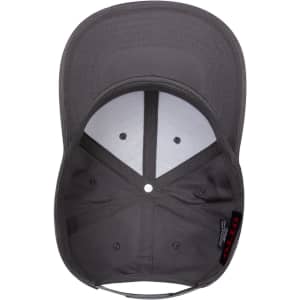 A grey 6 panel mid profile baseball cap featuring an inner view with a structured design and ventilation holes.
