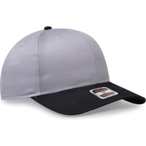 A grey and black 6 panel mid-profile baseball cap with a logo on the front.