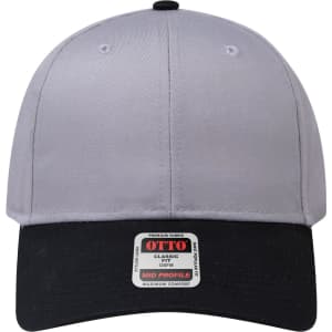A grey and black six-panel mid-profile baseball cap with a logo and a comfort label on the front.