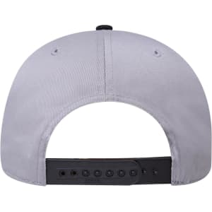 A grey 6-panel mid-profile baseball cap featuring an adjustable strap and a logo on the back.