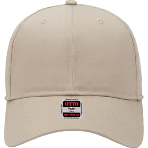 A beige 6-panel mid profile baseball cap with a logo tag on the front.