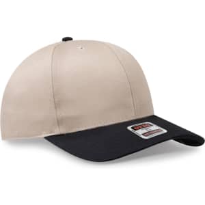 A beige and black 6-panel mid-profile baseball cap with a logo on the front.