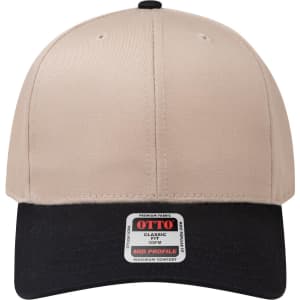 A beige and black 6-panel mid-profile baseball cap featuring a logo on the front.