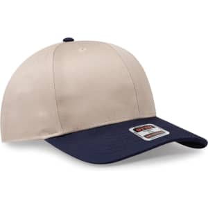 A beige and navy 6 panel mid profile baseball cap with a logo on the front.